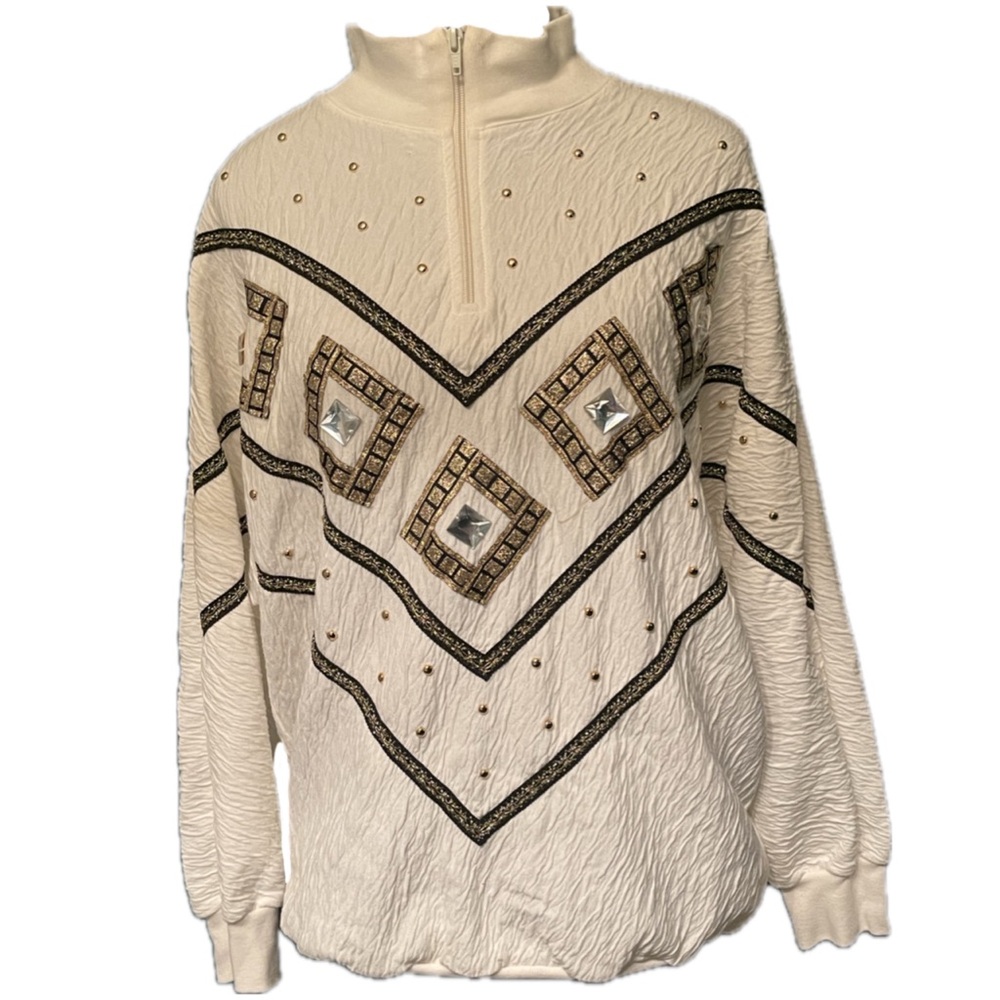 Vintage 90s cream 1/4 zip pullover gold black crystal bedazzled accents Rafael S